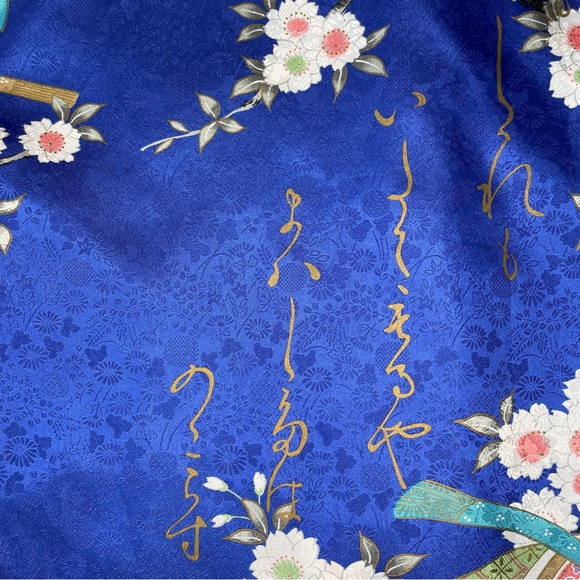 Vintage Juguemm Japanese Geisha & Cherry Blossoms Print Kimono Robe - Blue - Picture 6 of 13